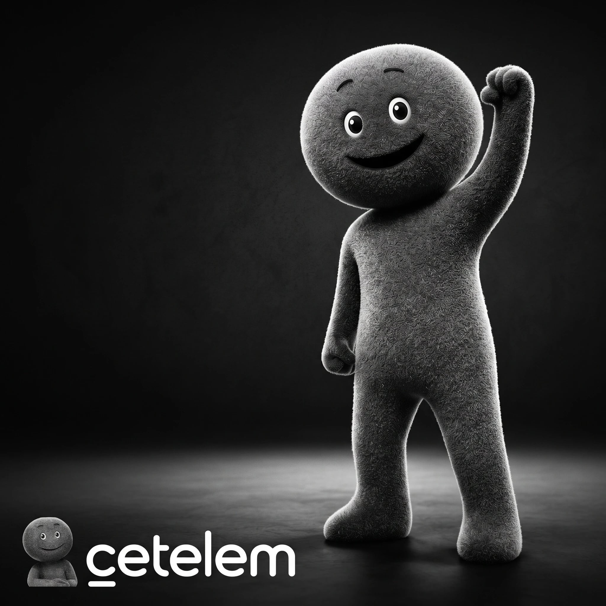 Mascote 3D cinzenta e felpuda, sorridente e de braço erguido, sobre fundo preto, com o logótipo "cetelem"