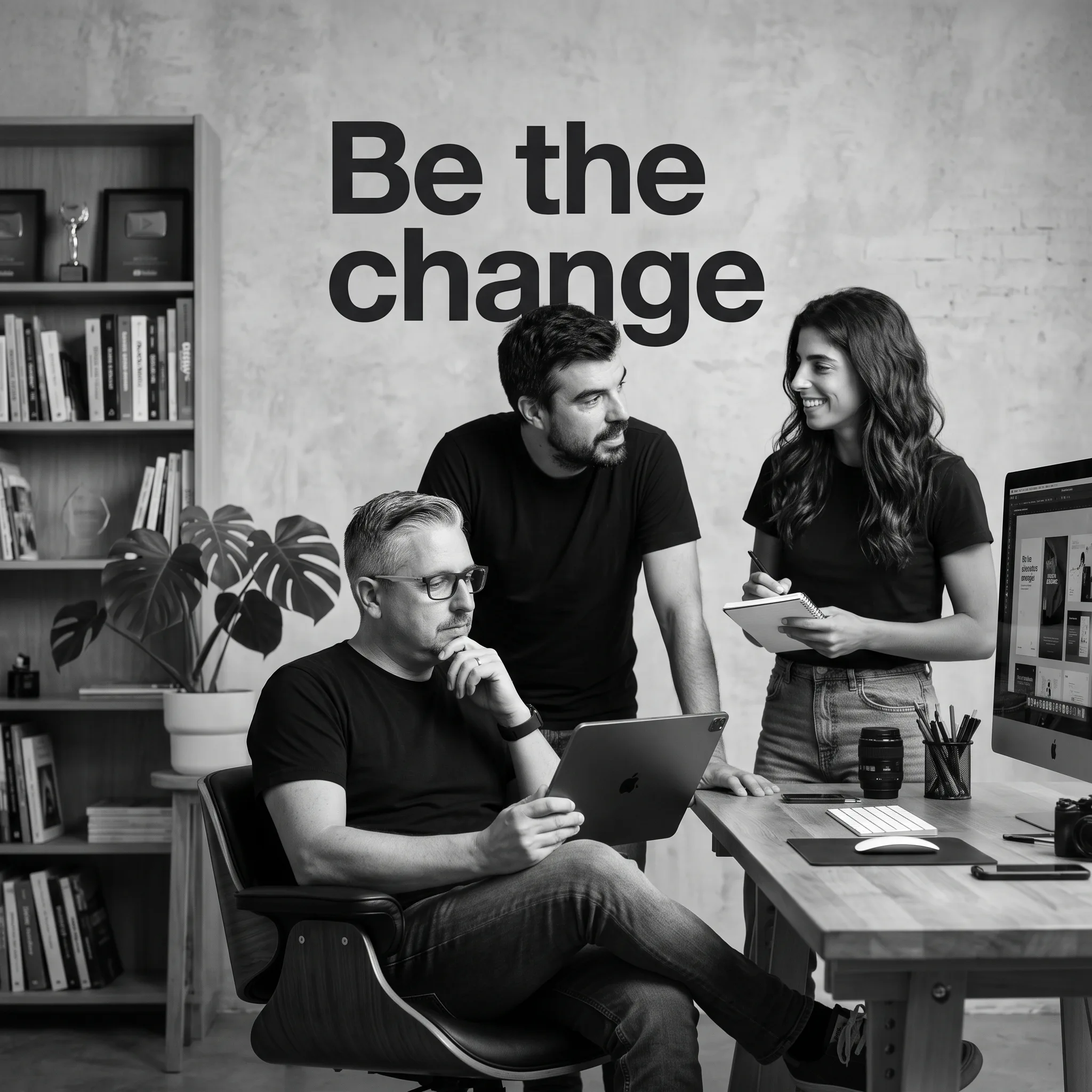 Três pessoas de camisola preta a trabalhar num escritório, com a frase "Be the change" pintada na parede