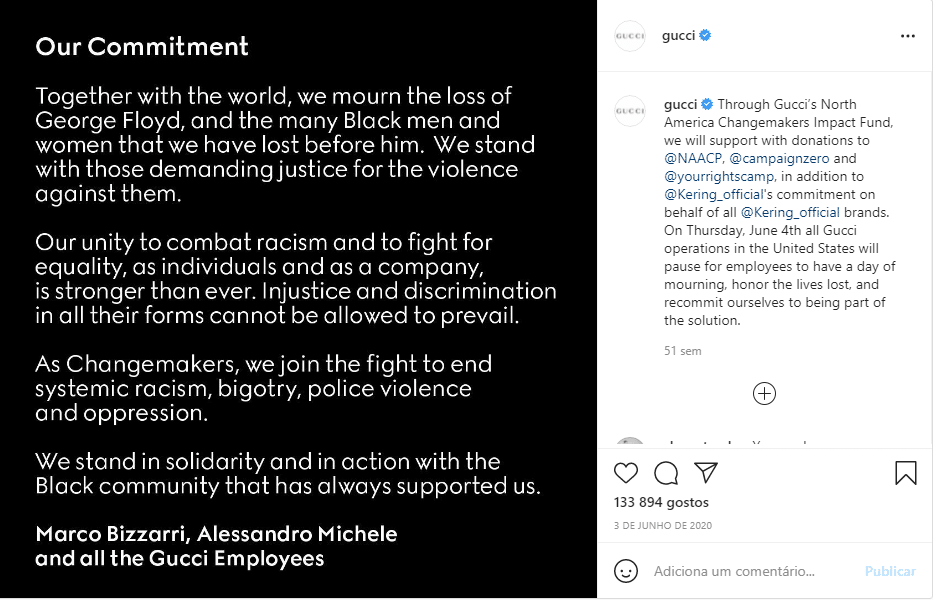post no Instagram da Gucci sobre "Black Lives Matter"